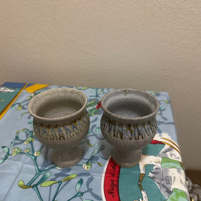 Vintage Mid-Century Studio Art Pottery Goblets – Set of 2 Hand-Thrown Speckled Stoneware Chalices For Sale - Image 4 of 7