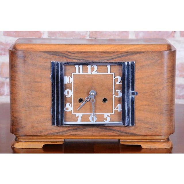 Art Deco Table Clock in Walnut, Chrome, and Glass, Czech, 1920s For Sale - Image 4 of 13