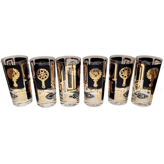 Mid-Century Black & Gold Cocktail Tumblers With Trivets- Set of 6 For Sale - Image 12 of 12