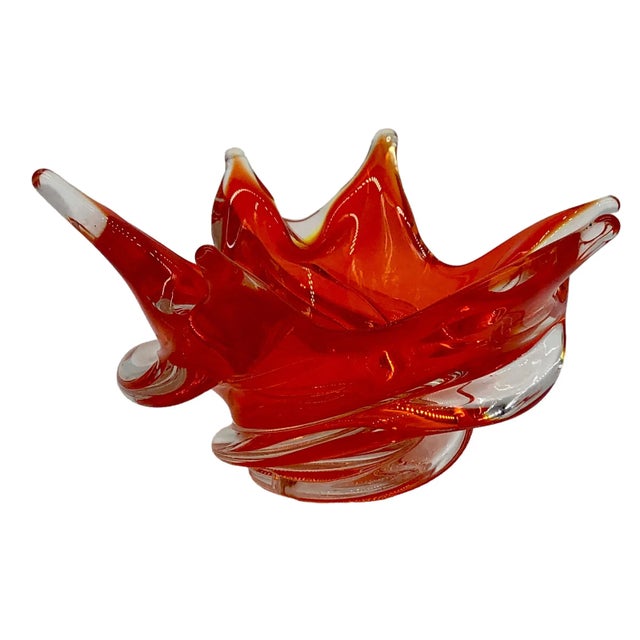 Mid-Century Modern 1960s Chalet Swirl Six Finger Orange and Clear Glass Bowl For Sale - Image 3 of 8