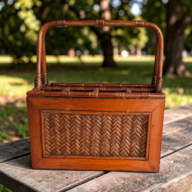 Vintage bamboo and woven rattan utensil caddy. Five compartments, Four for utensils and one for napkins. Nice sturdy...