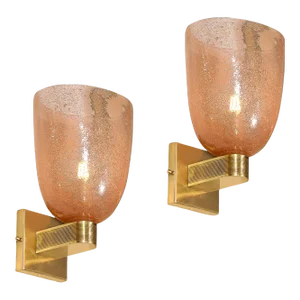Modernist Hand-Blown Murano Glass Pulegoso Sconces in Smoked Rose & Brass