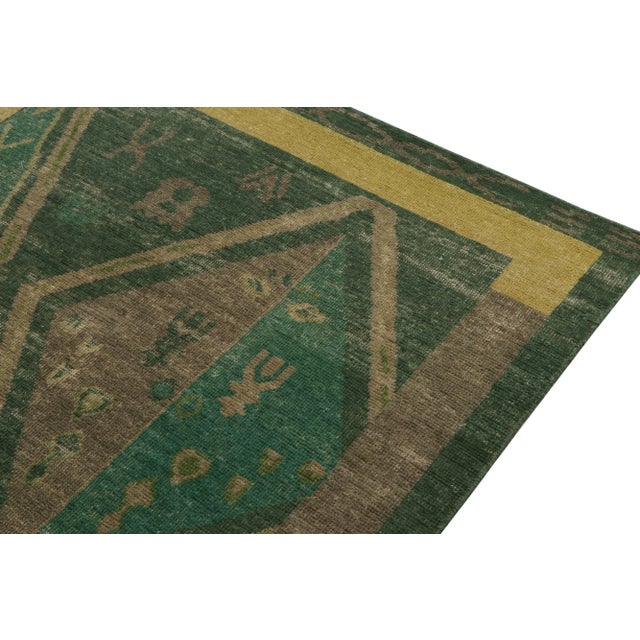 2010s Rug & Kilim’s Distressed Style Rug in Green & Brown Geometric Patterns For Sale - Image 5 of 7