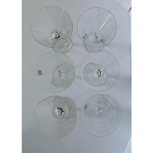 Modern Pair of Vintage Mikasa Cheers Etched Ring Glass Martini Cocktail Glasses Horizontal Pattern Modernist Barware For Sale - Image 3 of 7