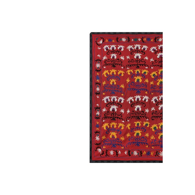Handmade Red Ethnic Suzani Wall Hanging - Bukhara Embroidered Boho Throw - Vintage Decor 7'3'' x 7'6'' There are stains on...