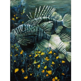 The Ocean's Lions by Lindsey Kustusch | Oil on wood panel Fish swimming among yellow flowers. For Sale