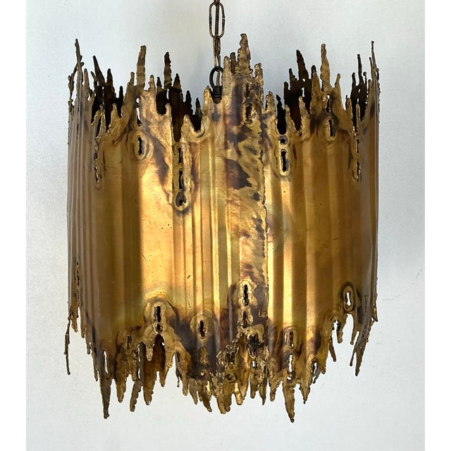 Mid-Century Modern Vintage Tom Greene Brutalist Torch Cut Brass Chandelier For Sale - Image 3 of 12