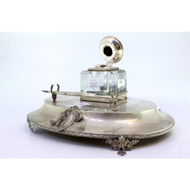 Silver and Glass Inkwell with Pen Holder, Monogram Plaque and Raised Feet, in Very Good conditions. Designed 1890 to 1919...