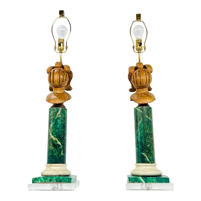 Pair of Faux Marble Wood Lamps on Lucite Bases For Sale