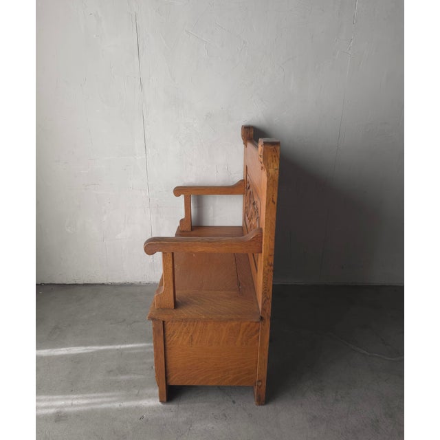 Brown Antique Arts and Crafts Style Carved Oak Hall Bench With Storage For Sale - Image 8 of 10