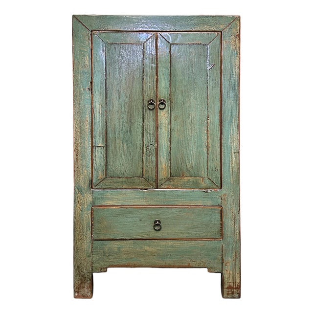 Distressed Light Teal Color Slim End Table Nightstand Cabinet For Sale