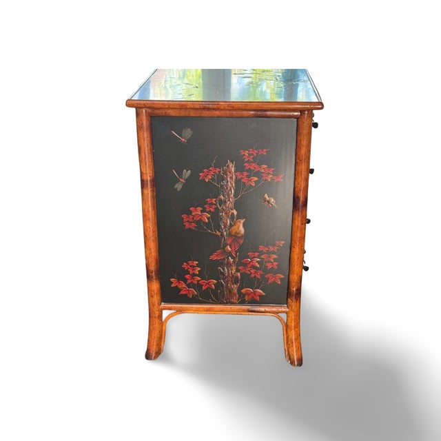 Theodore Alexander 1990s Theodore Alexander Chinoiserie Lacquer Chest Bird Motif W/ Bamboo Hardware 4 Drawer For Sale - Image 4 of 14