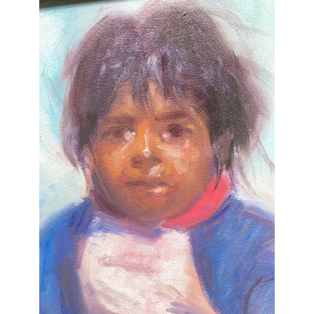 Textile Late 20th Century Oil on Canvas Portrait Painting of a Beautiful Navajo Child, Framed For Sale - Image 7 of 13