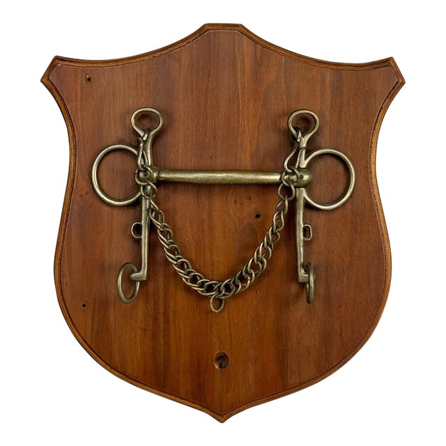 Antique English Equestrian Pelham Horse Bit Walnut Wall Hanging Plaque For Sale