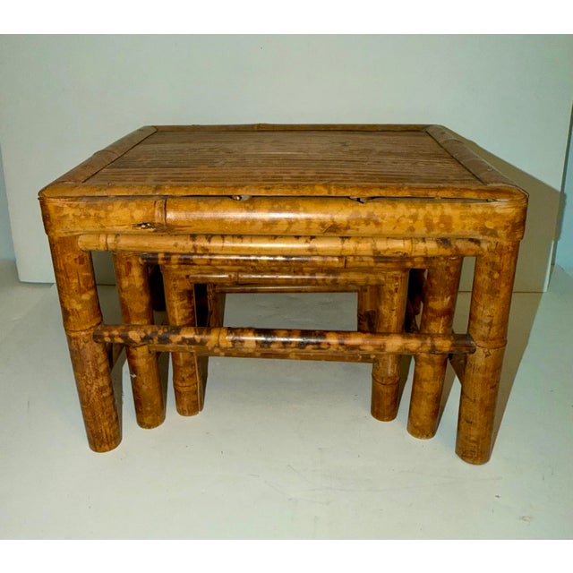 Stacking Bamboo Burnt Tortoise Plant Stands. Pegged construction. Largest table is 14"W x 11.5" D x 9.75" Tall, Medium...