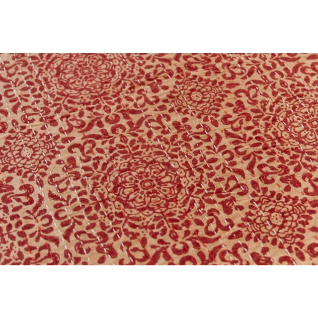 1990s Red Carnation Block Print Cotton Indian Blanket For Sale - Image 5 of 10