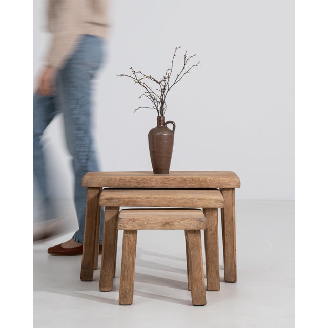 1970s Set Of Three Oak Brutalist Nesting Tables For Sale - Image 5 of 9