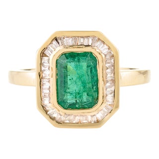 Octagon Cut Emerald & Baguette Halo Set Diamond Statement Ring Size 6 For Sale