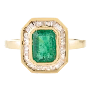 Octagon Cut Emerald & Baguette Halo Set Diamond Statement Ring Size 6