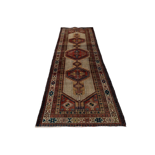 Camel Vintage Hand-Knotted Kurdish Long Runner Rug With Diamond Medallions in Terracotta, Camel, and Indigo For Sale - Image 8 of 9