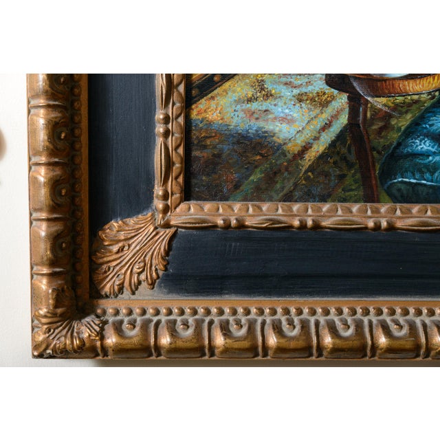 Gold Large Oil Painting of Traditional Room Setting For Sale - Image 8 of 8