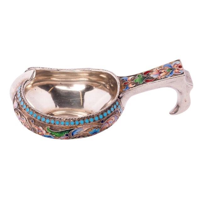 Art Nouveau Antique Imperial Russian Silver Gilt Cloisonne Kovsh Nikolay Strulev Moscow 1908 For Sale - Image 3 of 10