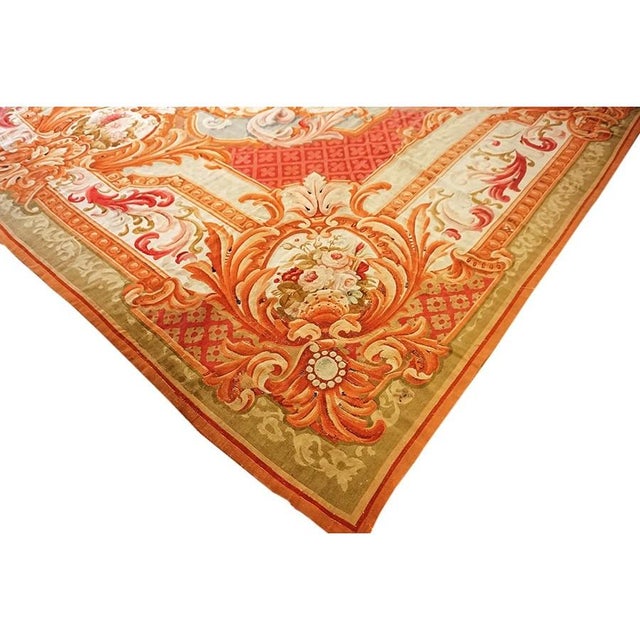 Victorian 1850s Antique Aubusson French Large Wool Flat Weave Coral Rug For Sale - Image 3 of 9