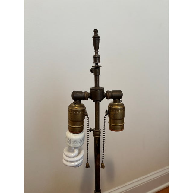 Traditional Vintage Brass and Forest Green Glass Dual-Socket Banquet Lamp For Sale - Image 3 of 10