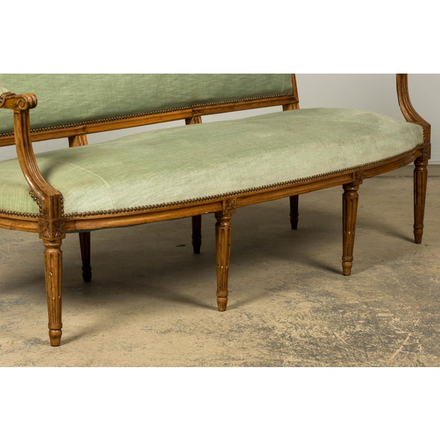 18th Century French Louis XVI Walnut Settee With Celadon Velvet For Sale - Image 17 of 18