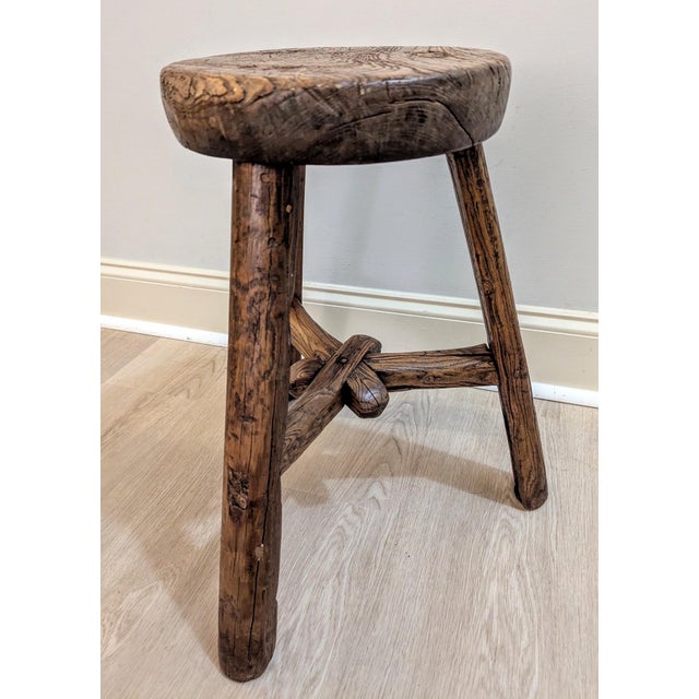 Antique Primitive Chinese Elm Wood Stool - 1920s Wabi-Sabi For Sale In Raleigh - Image 6 of 13