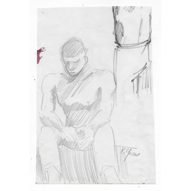 Male nude drawing from a portfolio of work of the artist Katharine Yares. Signed lower right.