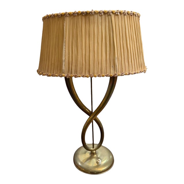 Italian Brass Table Lamp With Twisted Loop Base and Pleated Shade, 1950s For Sale