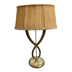 Italian Brass Table Lamp With Twisted Loop Base and Pleated Shade, 1950s