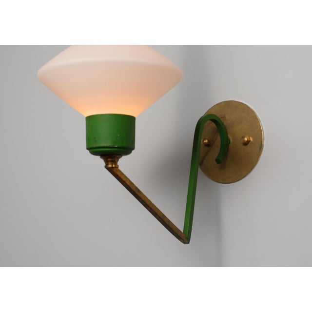 Mid-Century Modern Large Italian Brass and Green‑Lacquered Wall Lamps with Opaline Glass Shades, 1950s, Set of 2 For Sale - Image 3 of 12