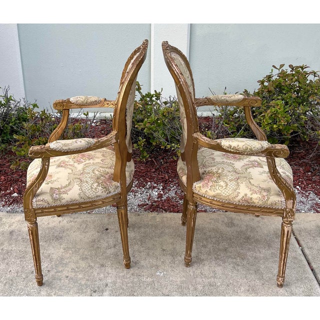 French Pair of Elegant Antique Gilded Louis XVI Style Chairs. Some Restoration Required For Sale - Image 3 of 12