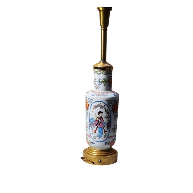 Stunning heavy enameled porcelain Chinese rouleau form vase lamp with brass base and neck, glass upshade, in excellent...