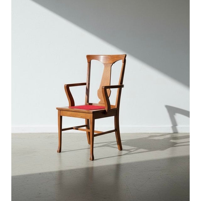American Antique Tiger Oak Arm Chair-Arts Crafts Mission-Red Seat-C1900-Wood-Desk-Accent For Sale - Image 3 of 11