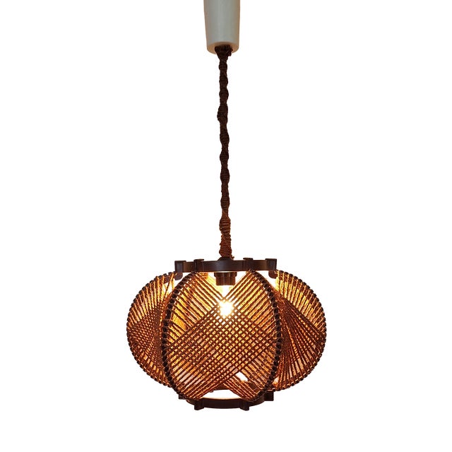 Vintage Ceiling Lamp with Brown Plastic Skeleton and Brown Rope Wrapping, 1970s For Sale