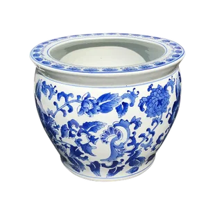 Vintage Mid Century Chinese Export Ceramic Chinese Blue & White Floral Fish Bowl Planter