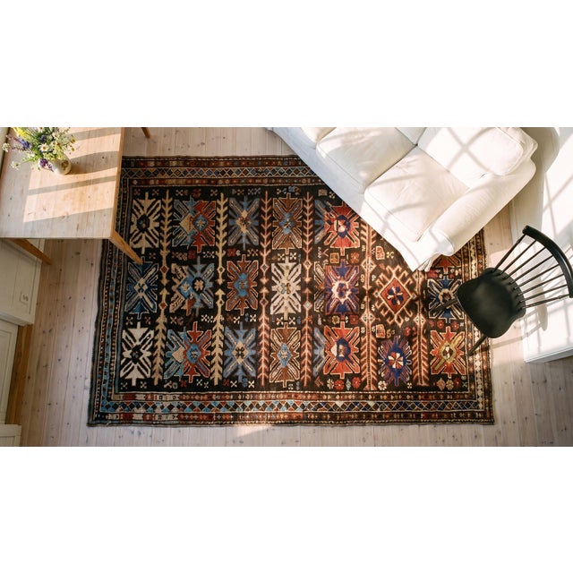Early 20th Century 1900s Brown Geometric Antique Traditional Caucasian Karabagh Rug 3'4" X 6'3" Handknotted Wool Carpet For Sale - Image 5 of 7