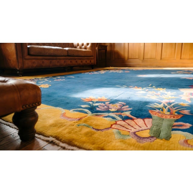 Textile 1920s Royal Blue Floral Antique Chinese Art Deco Rug 8'9" X 11'4" Handknotted Wool Carpet For Sale - Image 7 of 9
