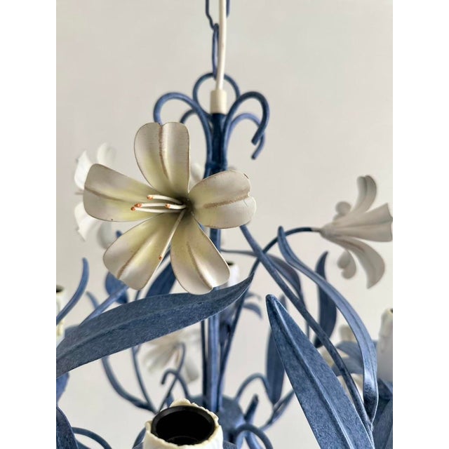 Blue French Blue and White Tole Floral Cage 4-Light Chandelier, 1970s For Sale - Image 8 of 15
