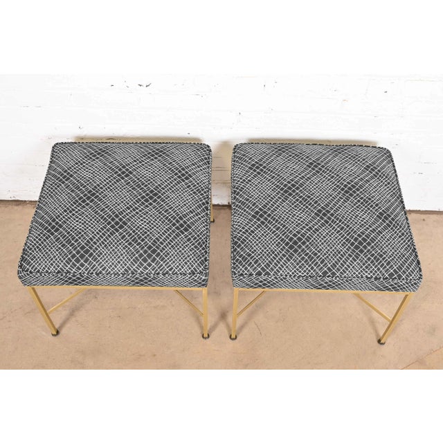 Metal Paul McCobb for Directional X-Base Brass and Upholstered Stools or Ottomans, Newly Restored For Sale - Image 7 of 9