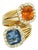Italian Modernist 18k Gold Blue & Orange Sapphire Diamond Bypass Ring, Circa 1980, Size 7.75 For Sale