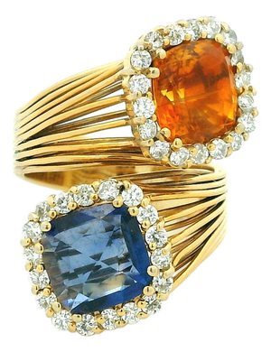 Italian Modernist 18k Gold Blue & Orange Sapphire Diamond Bypass Ring, Circa 1980, Size 7.75