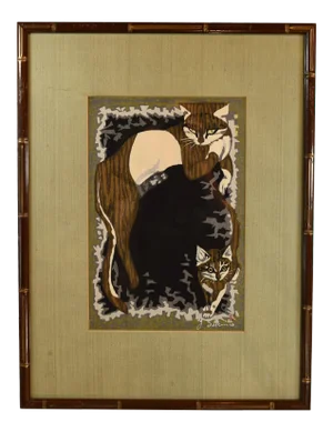 1950s Japanese Woodblock Print Mid Century Modern Cats