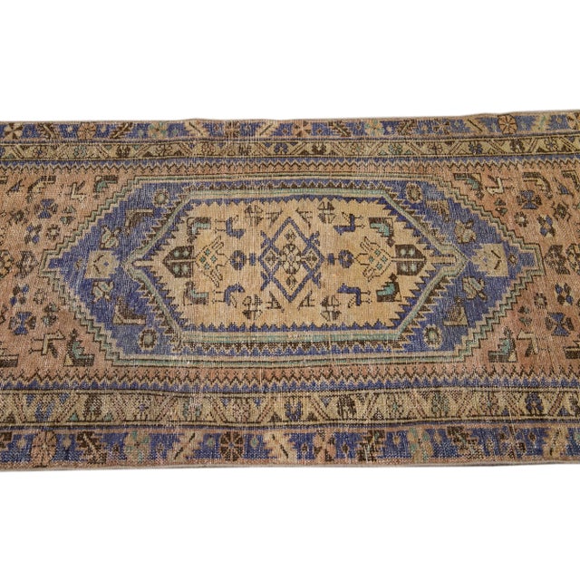 1960s Vintage Distressed Medallion Tan Wool Runner For Sale - Image 5 of 7