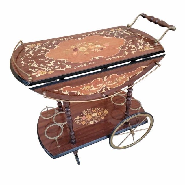 Vintage Italian Marquetry Two Tier Drop-Leaf Dessert/Bar Cart Trolley For Sale - Image 9 of 12
