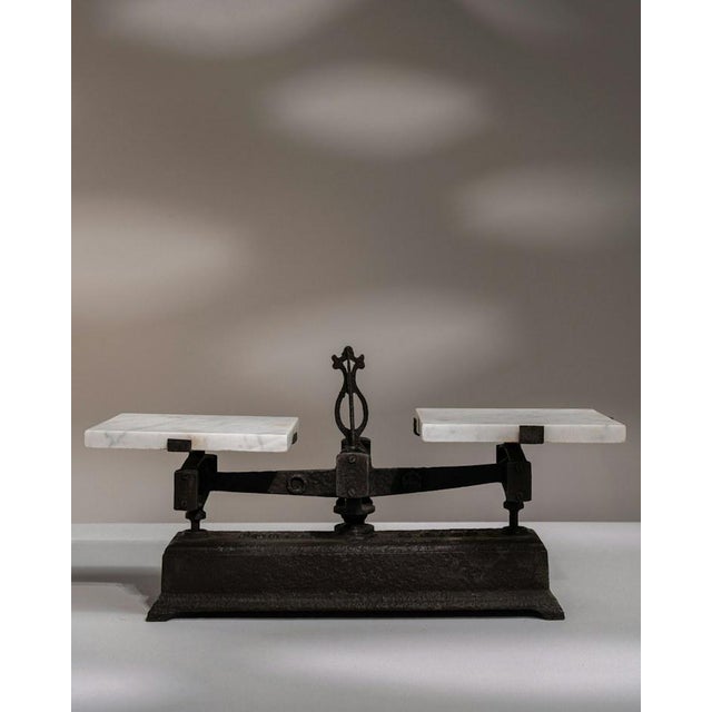 Metal Circa 1900 French Black Cast Iron and White Marble Balance Scale With Scrolled Column For Sale - Image 7 of 7