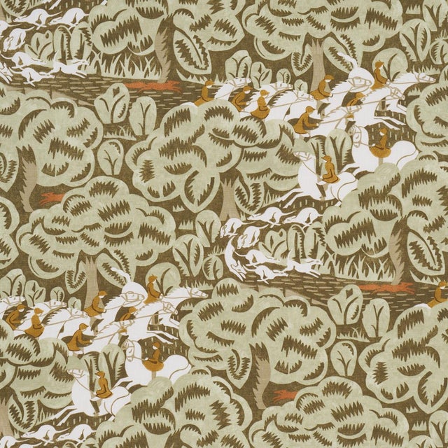 SAMPLE - Schumacher X The New Yorker Margaret Schloeman's Fox Chase Fabric In Sage & Soft Brown For Sale